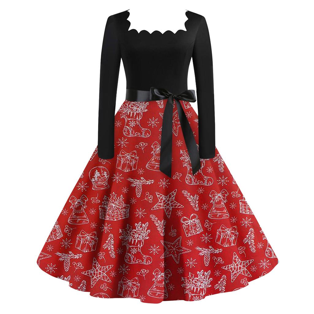 Women's Fashion Vintage Long Sleeve Square Neck Christmas Printed Evening Party Dresses Dresses