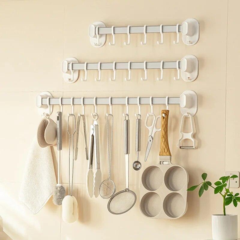 Kitchen Cooking Utensil Hanger Multifunction Punch-Free Wall Mounted Hooks for Spatula Spoon Large Capacity Lid Holder Organizer