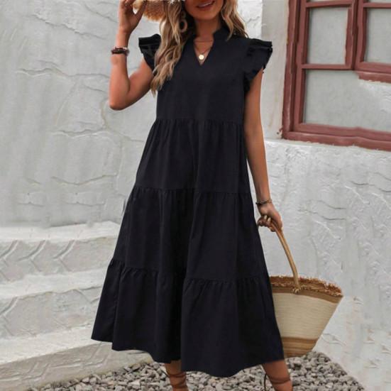 Women Summer Dress V Neck Pure Color A-line Patchwork Big Hem Flying Sleeves Ruffle Pleated Dating Party Vacation Beach Midi Dress