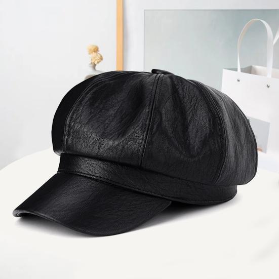 Women Beret Vintage Style Solid Color Faux Leather British Style Octagonal Hat Short Brim Painter Hat Parties Shopping Newsboy Cap