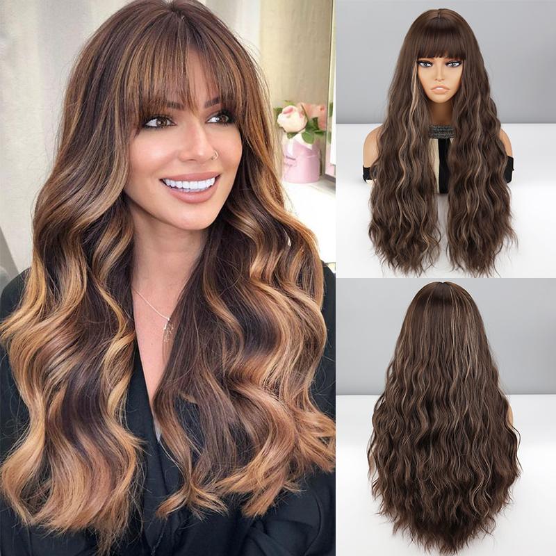 MISS WIG Женская мода Коричневый со светло-русыми бликами Длинный волнистый парик с челкой Натуральный волнистый парик из синтетического волокна