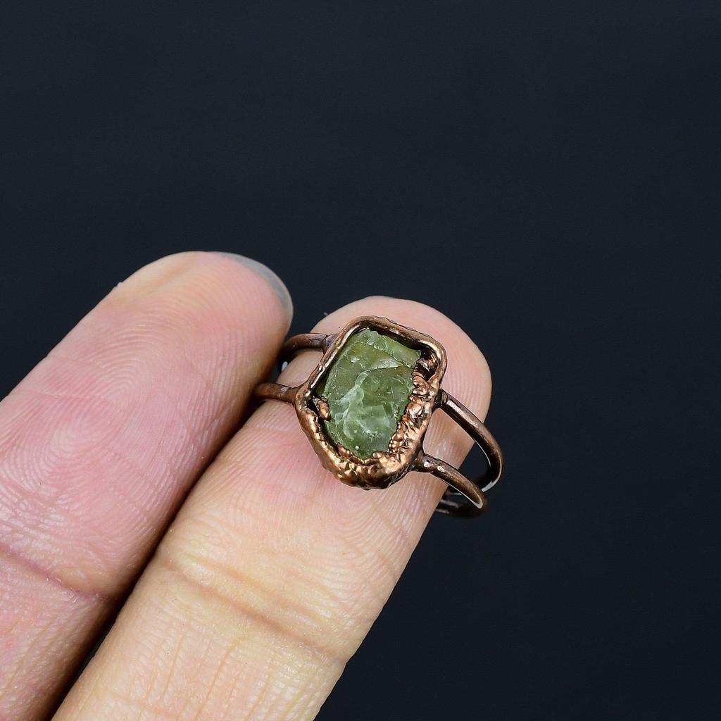 Peridot Handmade Gemstone Ring, Copper Electroformed Ring Antique Jewelry, Adjustable Ring Engagement Gift