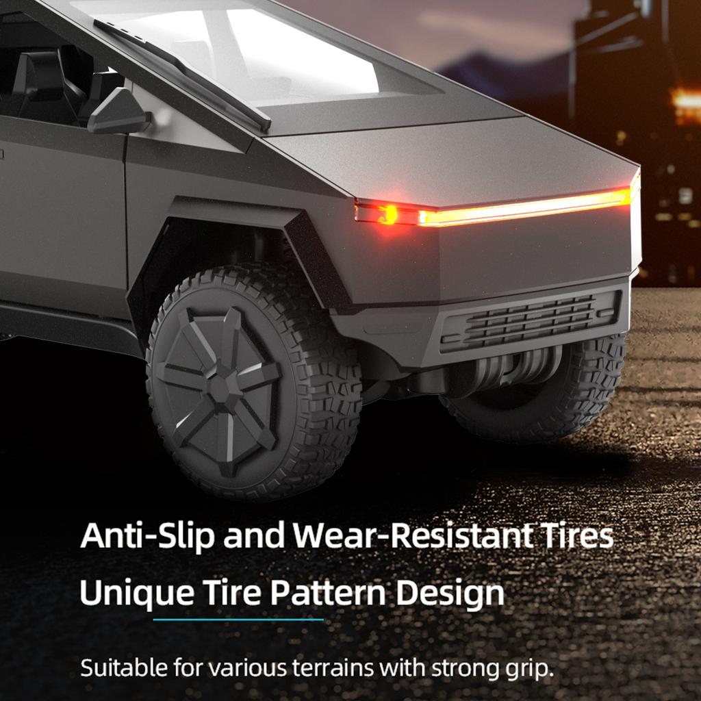 Cyber Truck Toy, 2.4GHz Remote Control Alloy Vehicle with Motorcycle and LED Lights, Model Pickup Truck for Kids Boys