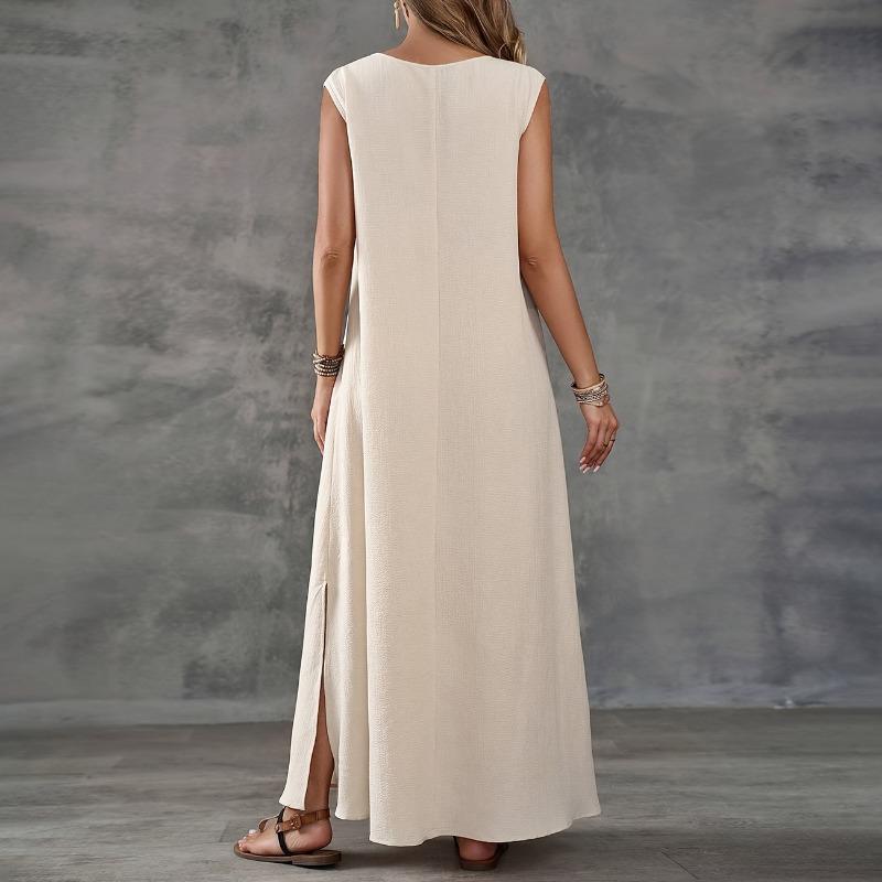 Sleeveless V-neck Side Split Summer Long Dress Elegant Fashion Loose Casual Simple A-line Party Maxi Long Dress Solid Color Woman Clothing