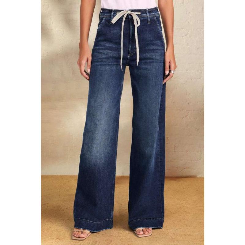 Women's New Spring Lace-up Stretch Jeans Straight Temperament Models Wide-leg Trousers