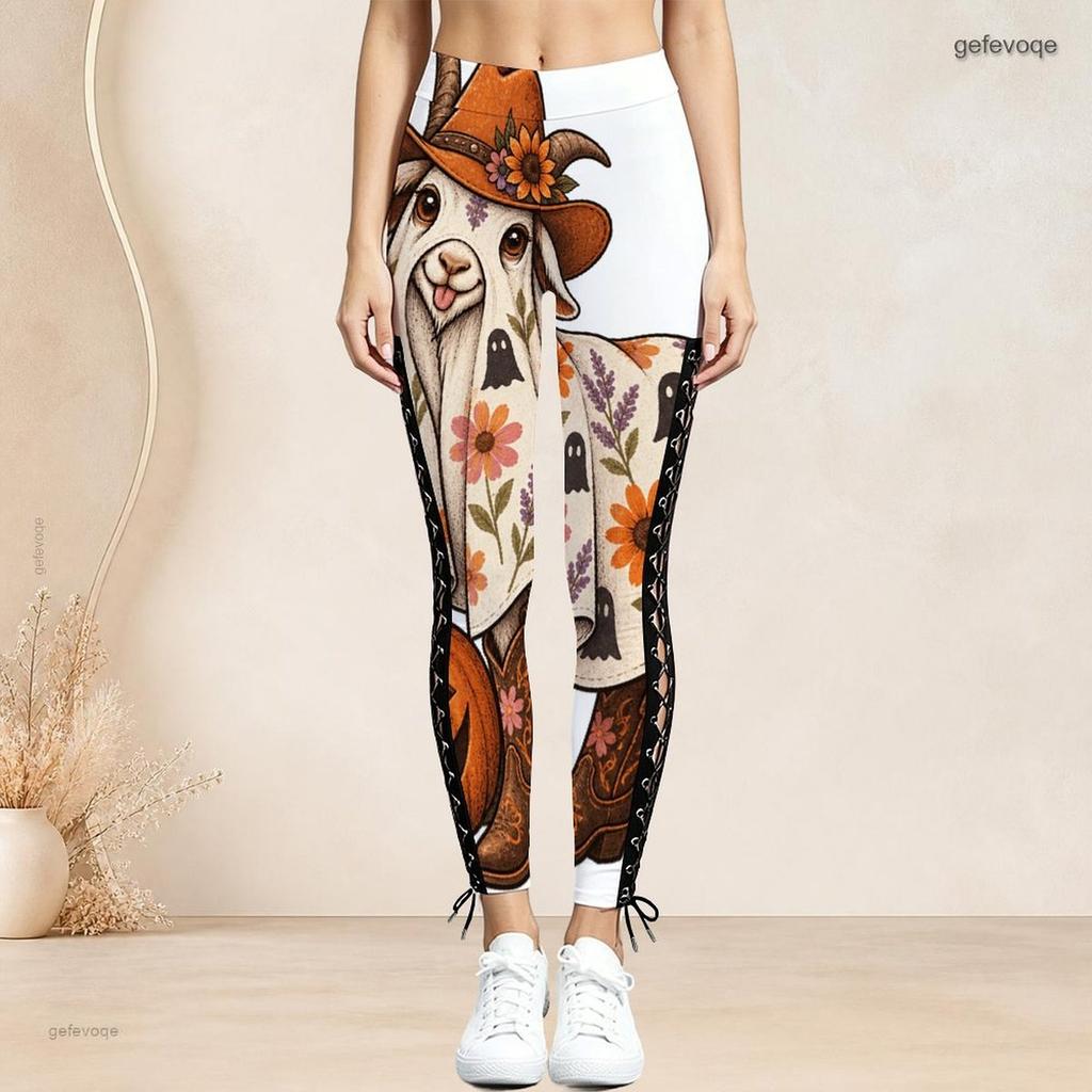 Women Plus Size High Waist Halloween Sloth Printed Side Eyelet Lace Up Full Length Fitted Leggings