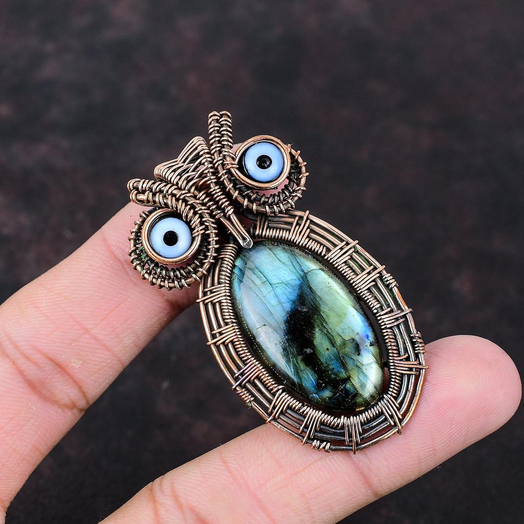 Подвеска из лабрадорита, черного цвета, подвеска от сглаза, медная проволока, обернутая в бижутерию, кулон ручной работы из настоящего драгоценного камня, медная подвеска в виде совы, подарок для нее