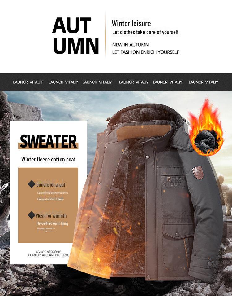 Мужское зимнее пальто из утолщенного плюшевого хлопка - свободный крой, большие размеры для людей среднего и пожилого возраста