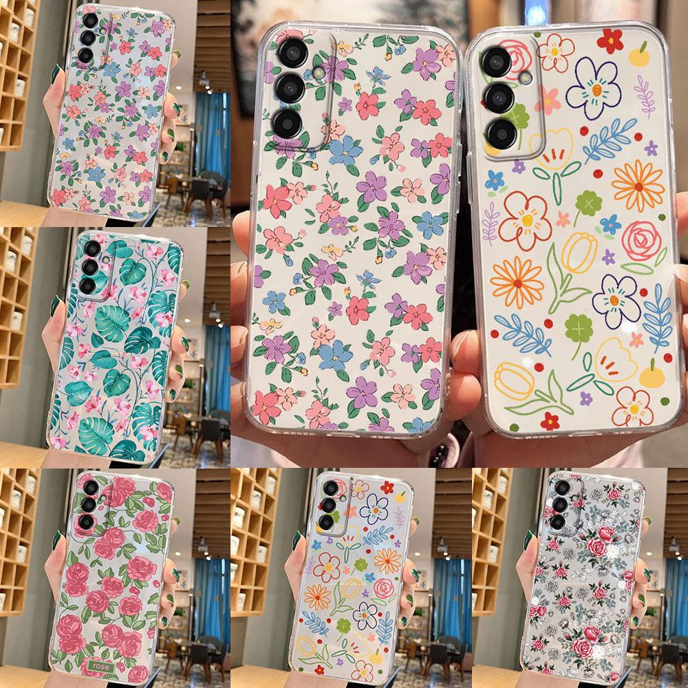 Для Samsung Galaxy M14 M13 M54 M53 M34 M15 M35 M23 M33 M55 M22 F23 F15 F55 Note 10 Pro Lite Прозрачный Чехол-Накладка с Цветами и Растениями для Телефона