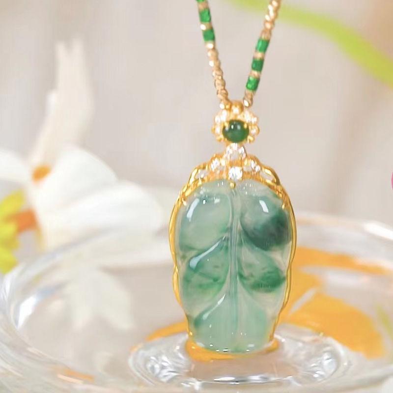 Golden Branch Jade Leaf Imitation Jade Green Necklace Pendant Female Big Leaf Youcheng Bamboo Sweater Chain Clothing Pendant