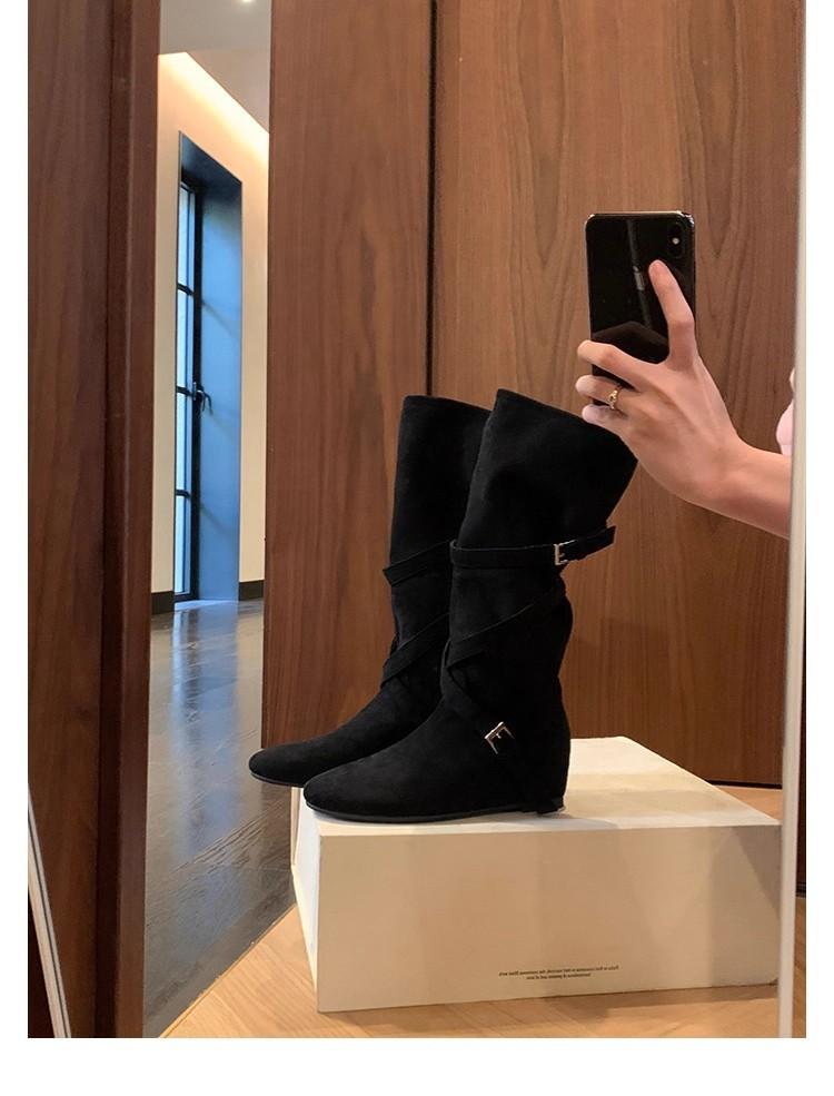 Версия из овчины~ Увеличение роста 6 см, полусапоги с круглым носком и тонким голенищем для женщин, новые мягкие сапоги-чулки с длинным голенищем на осень и зиму, длинные сапоги для wo