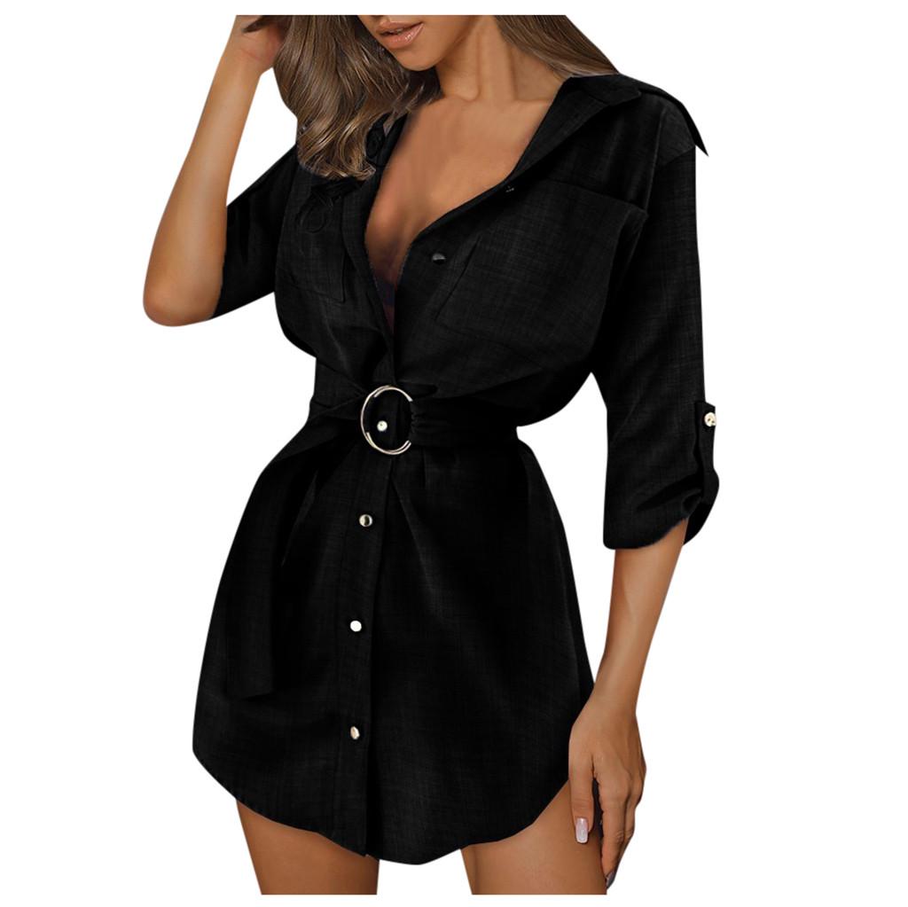 Nicki Women Autum Long Sleeve Mini Dress OL Belt Work Plain Shirt Blouse Tops
