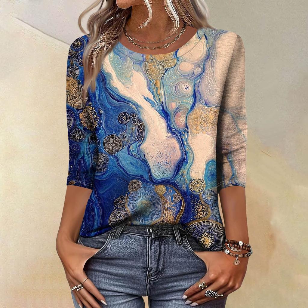 Trendy Vintage 3/4 Sleeve Top For Women,Ladies Casual Three Quarter Sleeve Round Collar Printed T-Shirt Blouse