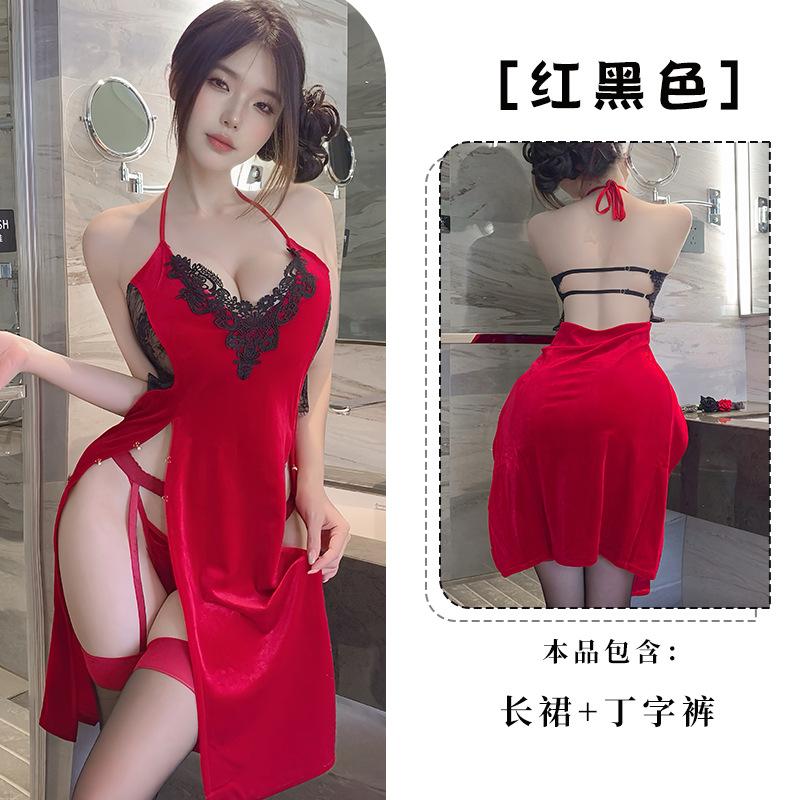 Sexy free pure desire neck sex underwear antique uniform cheongsam long skirt backless pajamas set