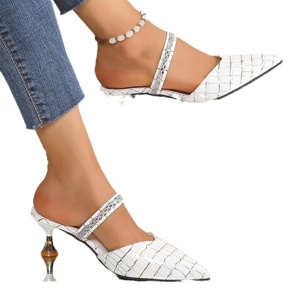 Большой размер сумка голова сандалии лето новые тонкий каблук носить острый носок стразы прохладные шлепанцы