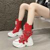 Fashion 8CM Women Chunky Mid-Calf Boots New Autumn Canvas High Platform Round Toe Buckle Ladies Shoes Motorcycle Boots Winter Sneakers
