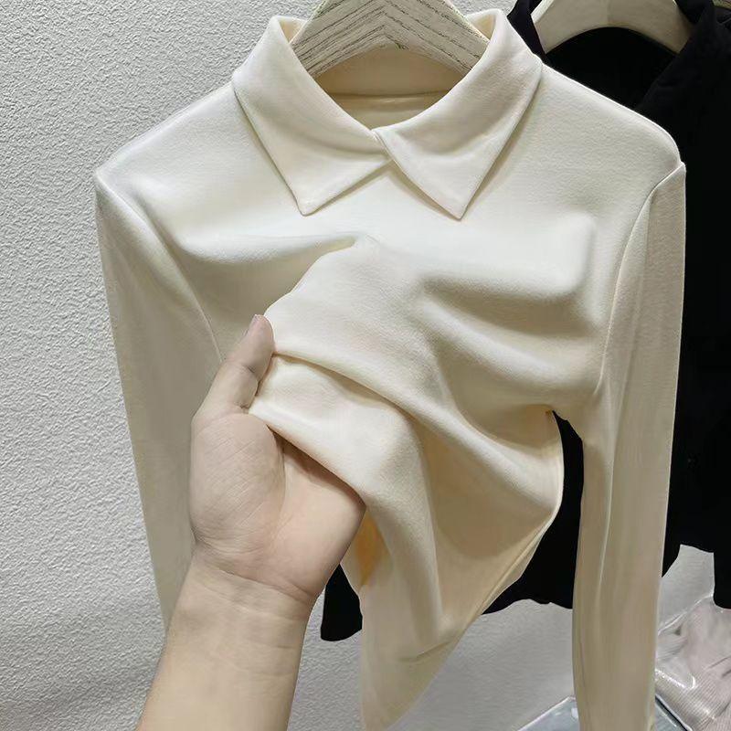 Осень и Зима Женская Двусторонняя Бархатная Базовая Рубашка Мягкая Приятная к Коже Базовая Рубашка с Воротником Поло Приталенный Крой Теплый Однотонный Эластичный Пуловер Топ