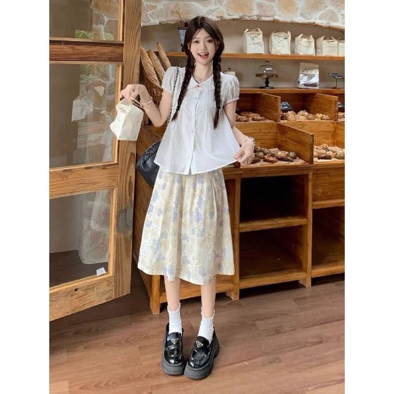 Girls Summer Floral High Waist Midi Skirt With Splicing Print For Casual Wear