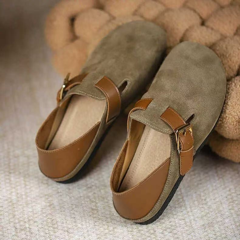 Мягкие Birkenstock осенние новые тапочки на ремешке ретро круглый носок туфли на плоской подошве Doudou