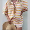 Свободные повседневные однобортные наряды, женские элегантные топы с лацканами и половиной рукавов, вязаные комплекты из 2 предметов с высокой талией и полосатым принтом, большие размеры