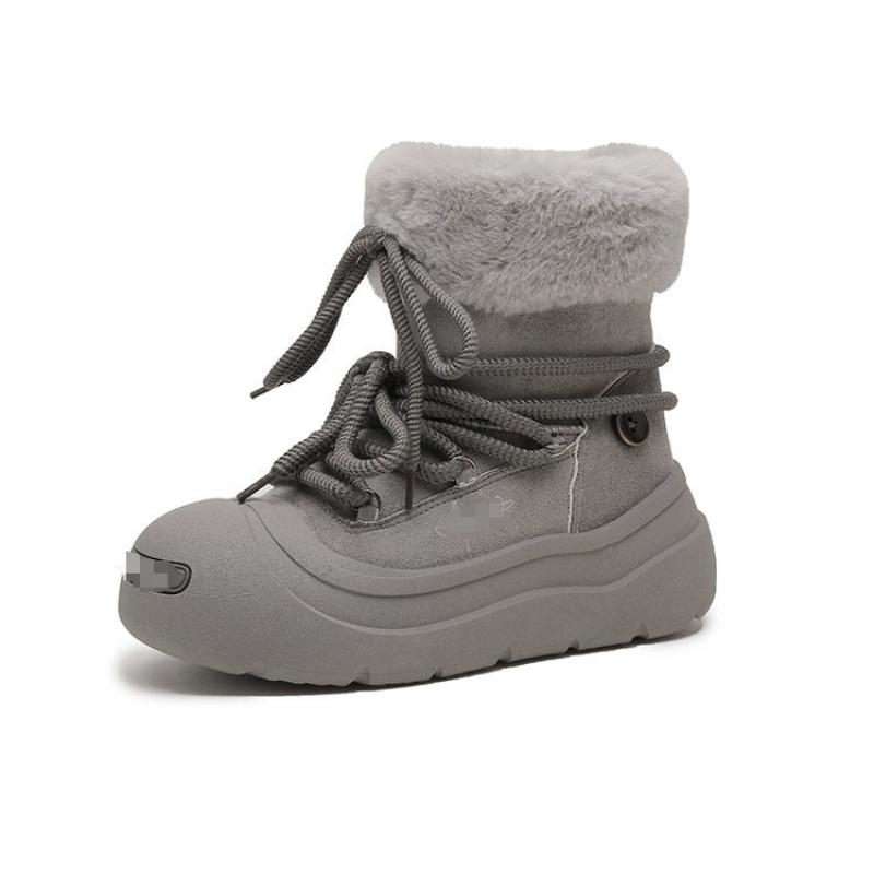 Plush Snow Boots Women's New Winter Mid-boots Plush Warm Big Head Lace-up Fluffy Boots