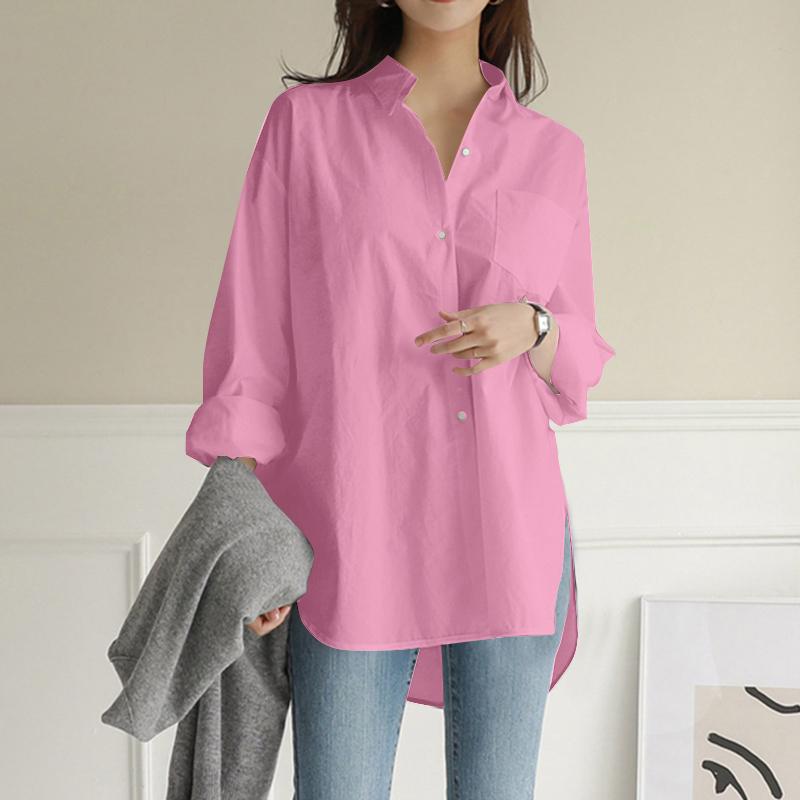 ZANZEA Vintage Women Lapel Neck Button Front Tunic Shirts Loose Casual Long Sleeve Irregular Blouse Tops