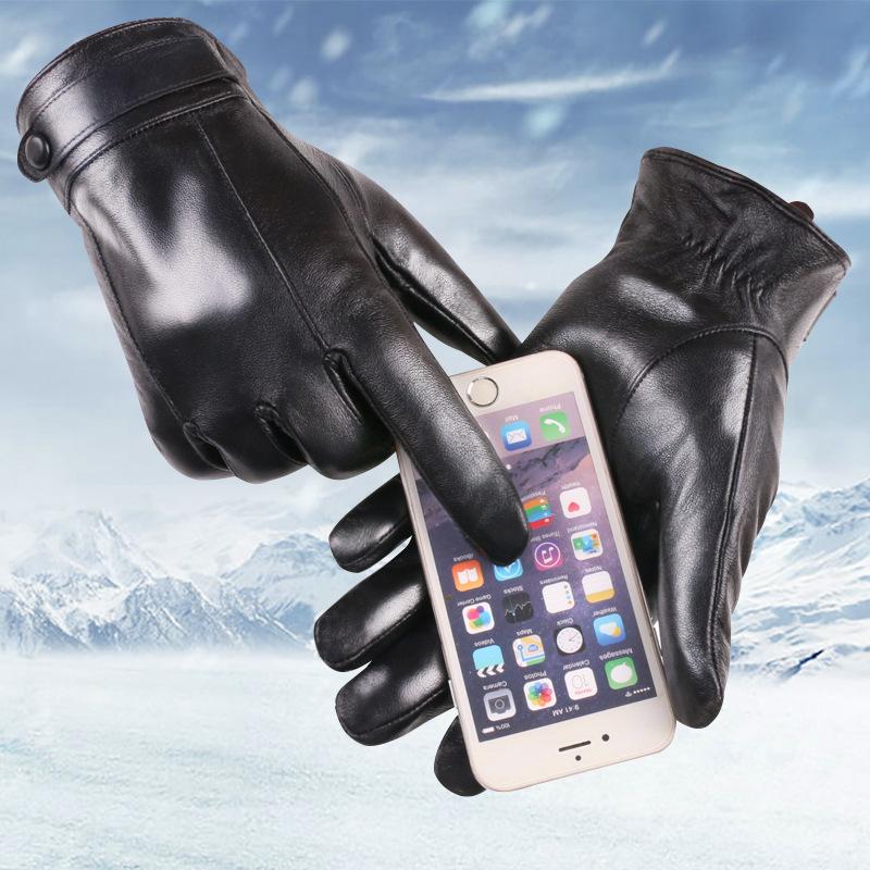 New Spring and Autumn Men's Warm Leather Gloves for Outdoor Riding and Driving Plus Velvet Touch Screen Gloves Sheepskin Gloves Winter