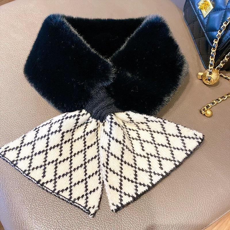 New Korean Style Winter Scarf Versatile for Women Warm and Thickened Simple Cross Scarf Knitted Cute Neck Protector Fur Collar