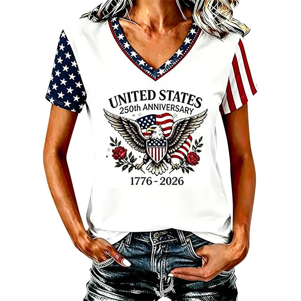 Women Casual V Neck Short Sleeve Pullover T Shirt Independence Day Graphic Top Lightweight Comfortable Fit