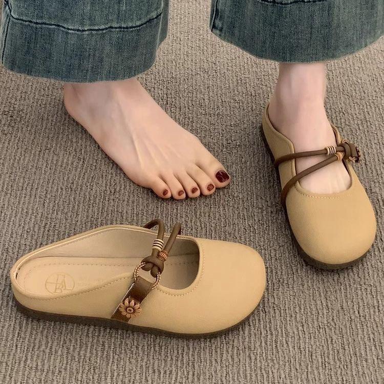 Baotou Half Slippers Women's Summer Wear 2025 New Super Fire Flat Bottom One Pedal Lazy Half Tray French Cool Slippers