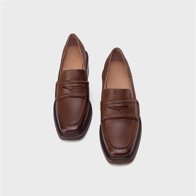 Мода 2025 Весна Натуральная Кожа Слипоны Женская Обувь Повседневные Лоферы Квадратный Носок Простая Обувь Обувь на Толстом Каблуке Женская Zapatos De Mujer