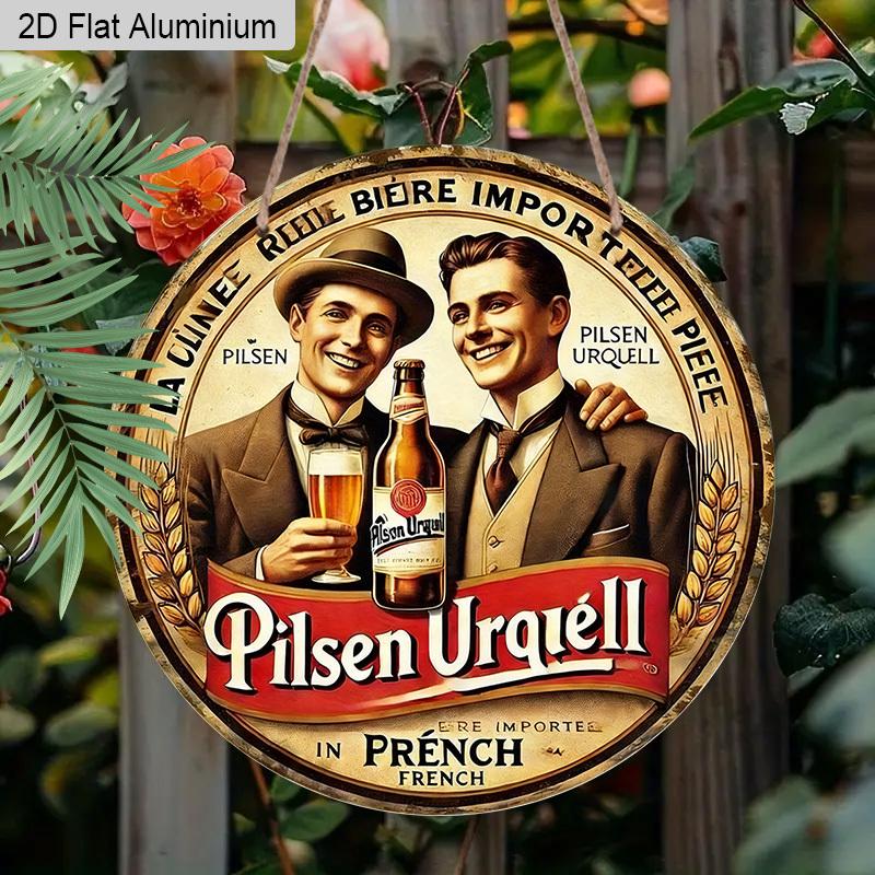 Двумерная плоская алюминиевая ретро круглая металлическая табличка Pilsner Urquell Реклама пива, Винтажный настенный декор с веревкой для подвешивания, Декор в стиле рустик-шик для дома