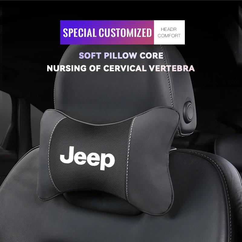 For Jeep Car Seat Neck Pillow Leather Headrest Lumbar Waist Support For Jeep Grand Cherokee Wrangler JK Gladiator Compass Ren