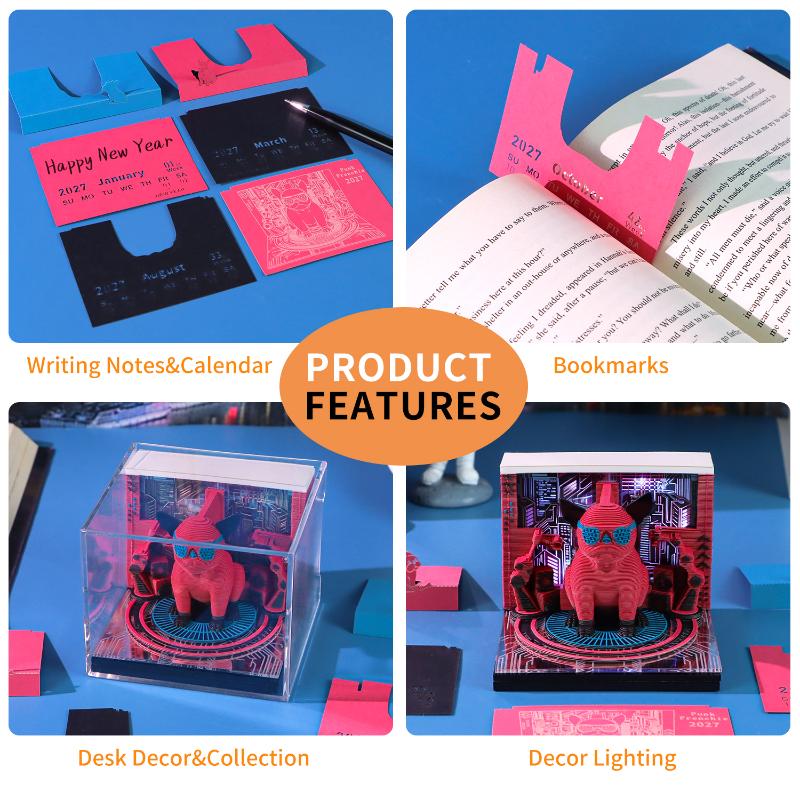 2027 LED 3D Tearable Desk Calendar Creative Time Piece Calendar with Clear Date for School Office Desktop Decoration