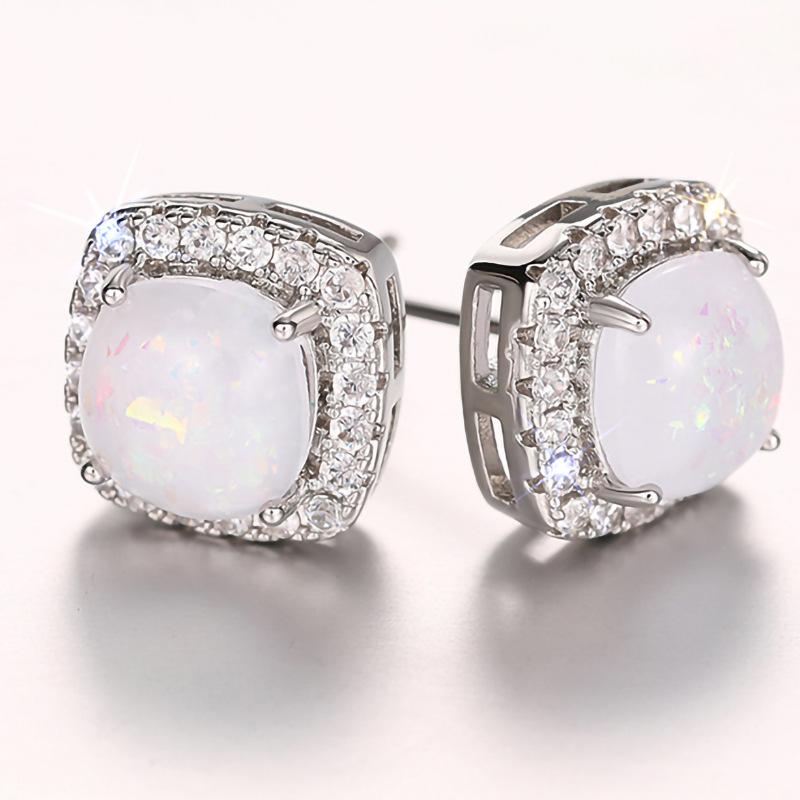 New Design Geometric Shaped Round Opal Silver/Rose Gold Plated Earrings for Fashion Party CZ Stud Earring for Women
