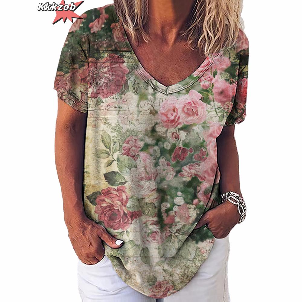 Винтажный топ с принтом, женская уличная одежда с короткими рукавами, летняя футболка, женская модная повседневная футболка с v-образным вырезом, женская одежда большого размера Y2k
