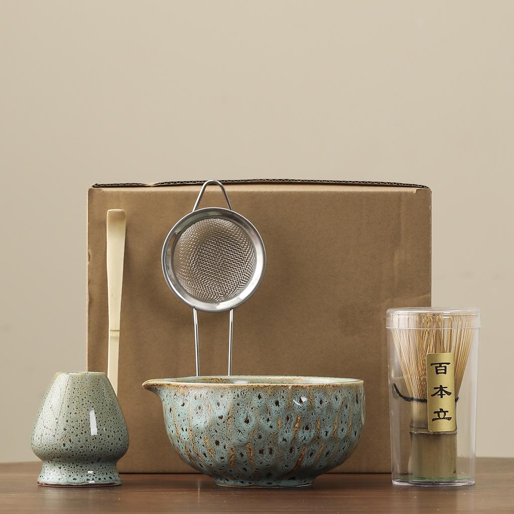1set of Japanese matcha ceramic set, including kiln transformation matcha bowl, whisk, Hyakubon stand, matcha blender, gift