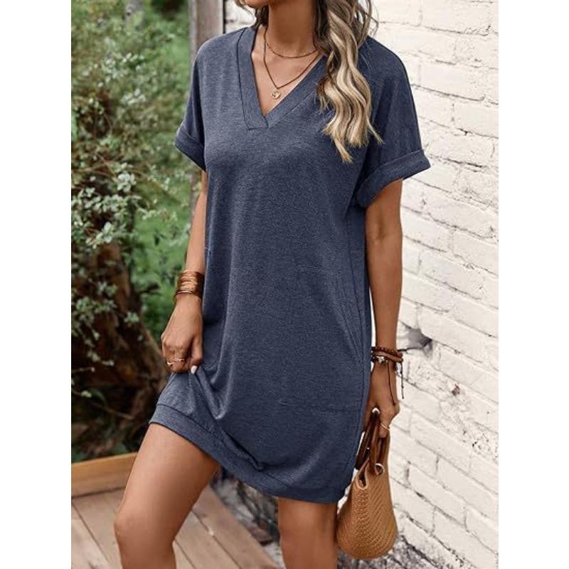 Женские повседневные однотонные платья с V-образным вырезом и карманами с короткими рукавами, модные свободные повседневные платья