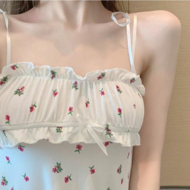 Ночная рубашка с цветочным принтом, женская летняя мини-платье, корейская элегантная тонкая милая домашняя одежда для девочек, слинг с лямкой на шее, домашняя одежда, слинг с лямкой на шее