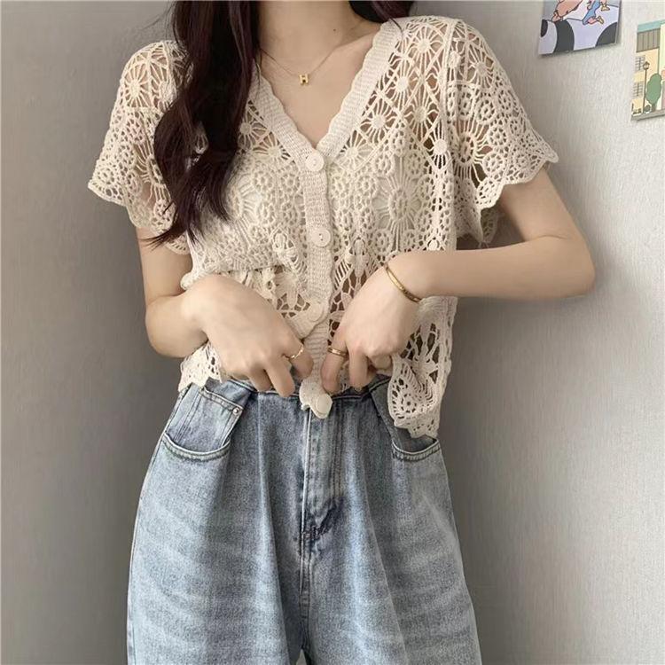 Retro Hook Flower Hollowed Out Short Sleeved Top for Women's Summer Knitwear Versatile Short V-neck Cardigan