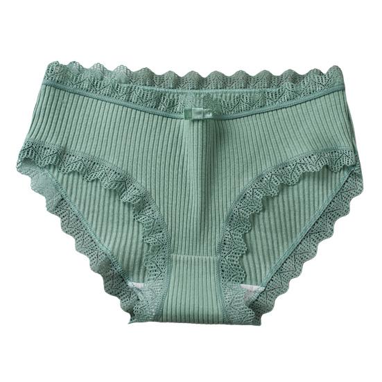 Women Underpants Thread Mid Waist Lace Edge Solid Color Elastic Cotton Crotch Moisture-wicking Stretchy