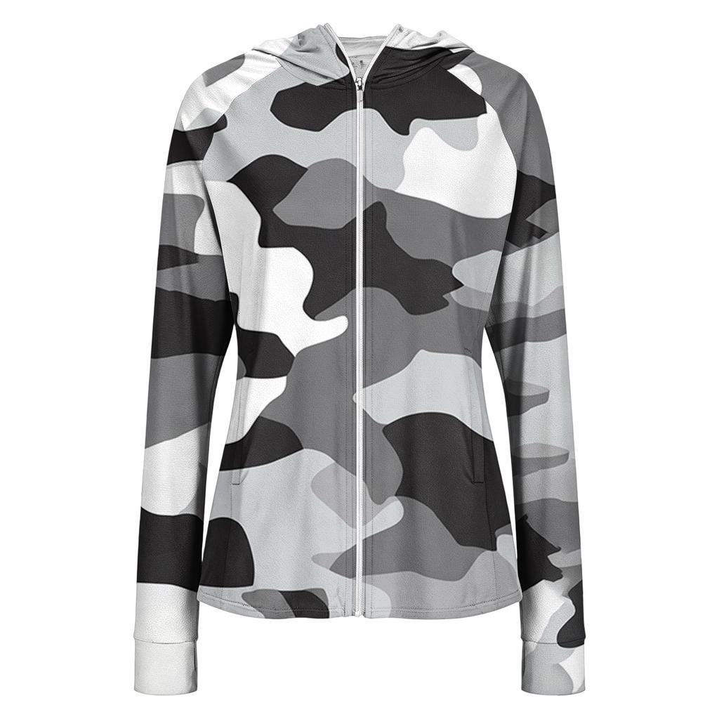 Women's Lightweight Zip Up Hoodie with Hood and Pockets Long Sleeve Camouflage Sun Protection Jacket for Outdoor Activities
