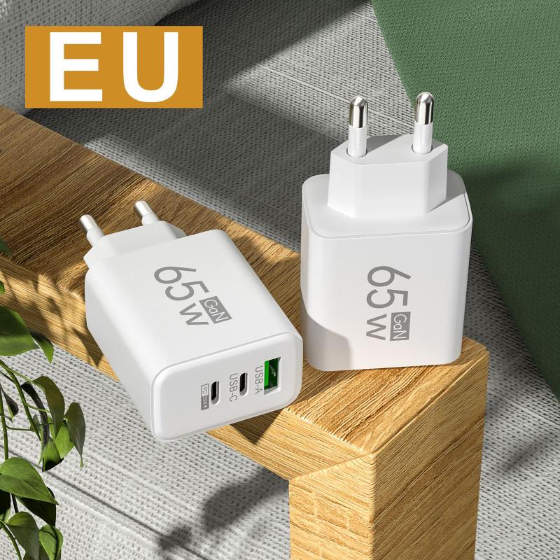65W GaN Travel Charger EU Plug Dual USB C + USB A Port Fast Charging Wall Adapter Compact Charger for Phone Laptop Tablet