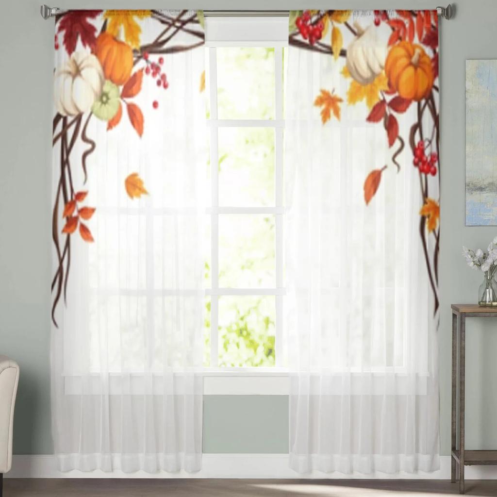 Прозрачные шторы с тыквой и осенними листьями для гостиной, спальни, кухни, тюлевые занавески для дома, декоративные прозрачные панели