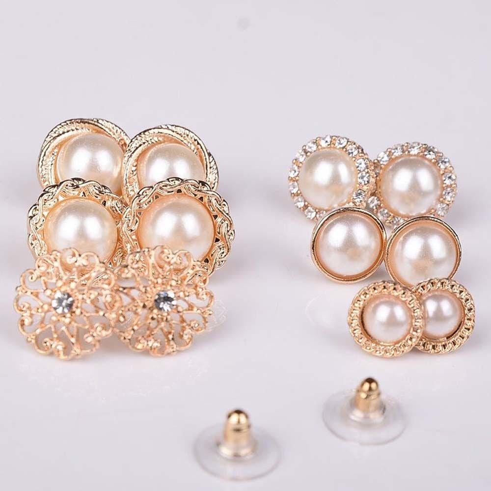 Hollow Flower Simulated Pearl Gold Color Round Earring Sets Accessories Stud Earrings Jewelry