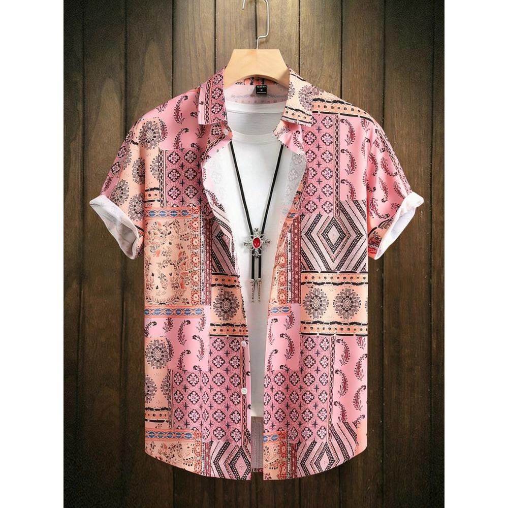 Мужская летняя модная рубашка с принтом и коротким рукавом 2026, ретро-трендовая рубашка с лацканами для мужчин, гавайская пляжная повседневная рубашка