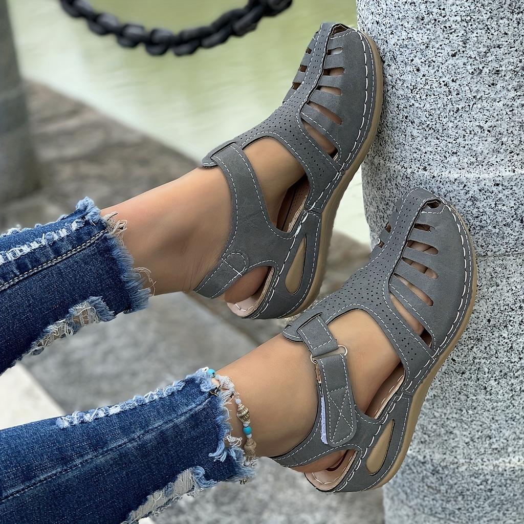 Women's Retro Wedge Sandals, Closed Toe Hollow Trendy Shoes, Casual Slingback Sandals