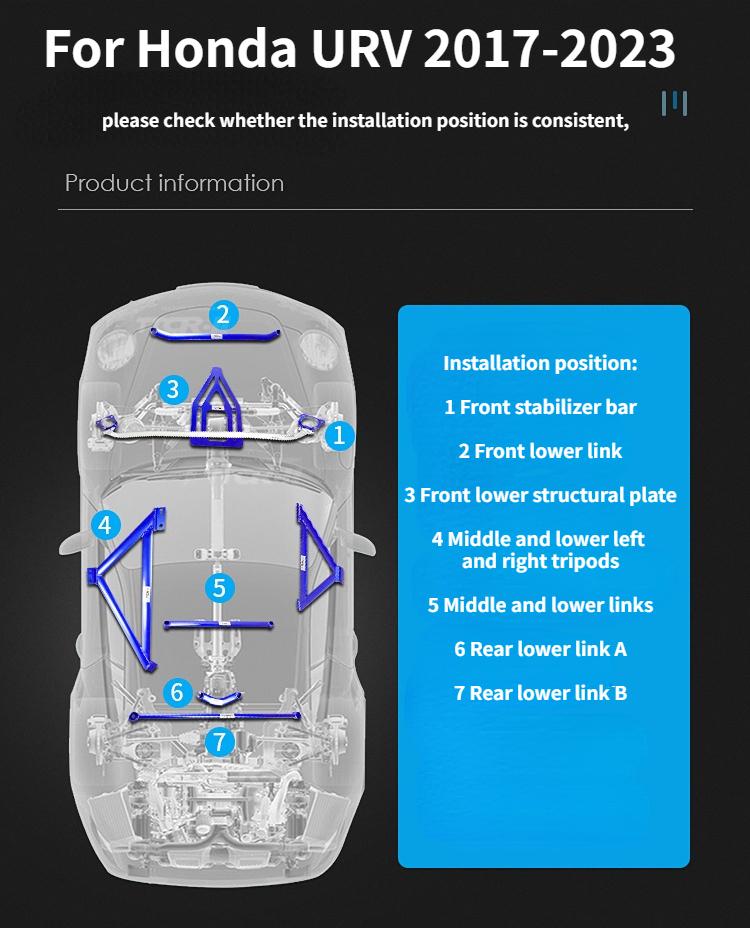 Strut Bars for Honda URV 2017-2024 Accessories Chassis Reinforcement Anti-roll Rod Aluminum Alloy Suspension Balance Lever Bar