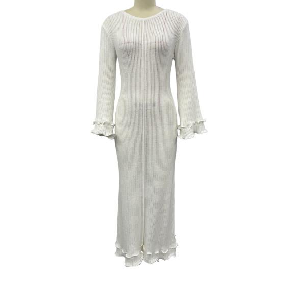 Женское платье макси с круглым вырезом сзади, на шнуровке, с открытой спиной, вязаное платье, однотонное, облегающее, с рюшами, длинное платье