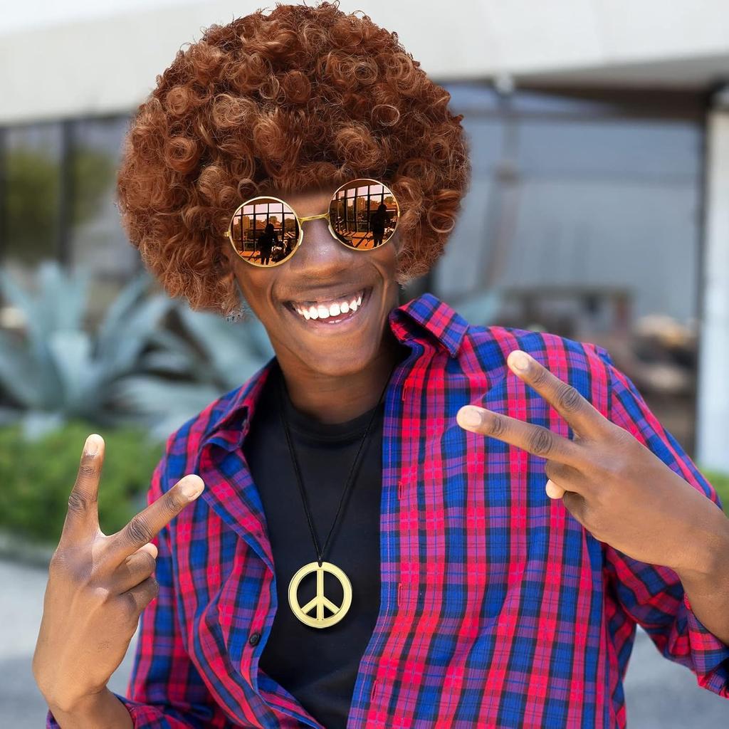 Hippie Costume Set Funky Afro Wig Sunglasses Peace Sign Necklace for 50/60/70s Theme Party(Brown)